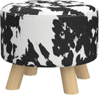 Asense Small Round Ottoman Foot Rest Stool Linen Padded Seat Footstool Ottoman with Anti-Slip Wooden Legs (Cow Black,Linen)
