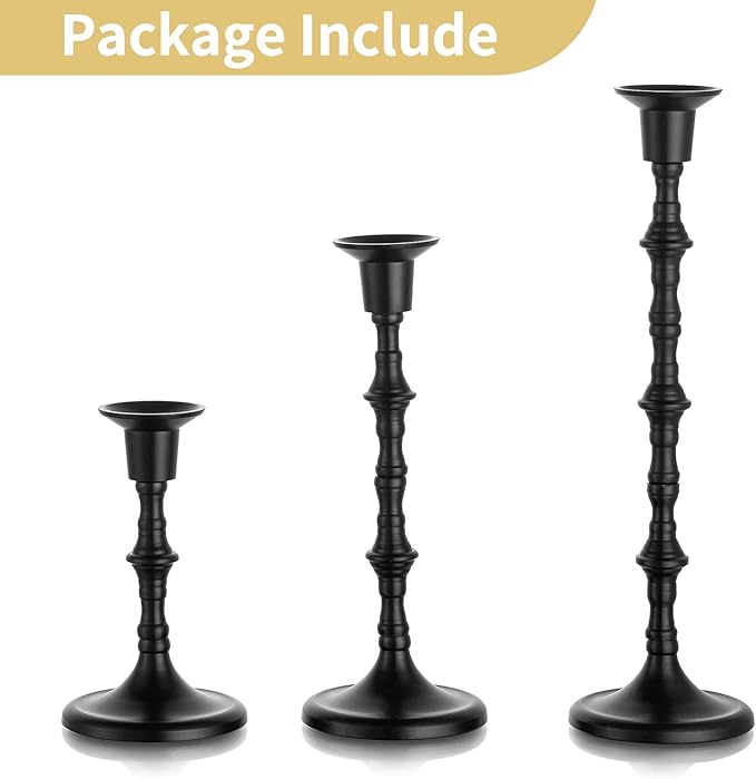 Nuptio Black Candle Holder for Candlestick: Set of 3 Gothic Taper Candle Stick Holders - Tall Metal Candleholders for Halloween Christmas Fireplace Dining Room Table Centerpieces