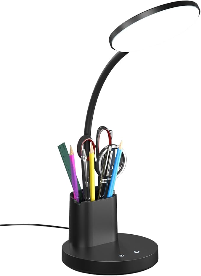 Desk Lamp, LED Desk Lamp for Home Office, Touch Table Lamp with 3 Color Modes 360° Adjustable Arm, Dimmable Desk Light with Pen Phone Holder, Black