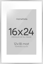 Homeforia 16x24 Silver Picture Frames, High End Metal 16x24 Poster Frame with Mat 12x18 in Photo, 16 x 24 Silver Frame Matted to 12 by 18 Print, 24x16 Hanging Frame, Tempered Glass, Wall Kit, Set of 1