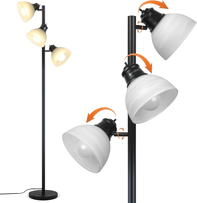 63" Modern 3-Head Adjustable Floor Lamp, Flexible Gooseneck Standing Lamp with Glass Shades for Living Room, Bedroom & Office,3x9W E26 LED Bulbs Included, Weighted Base