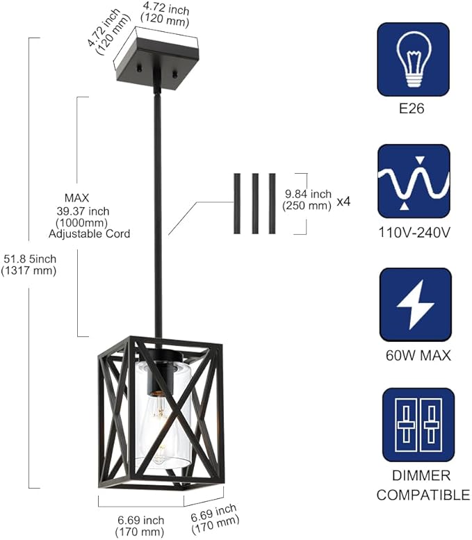 TODOLUZ 1-Light Farmhouse Pendant Light Black Cage Hanging Ceiling Lights with Clear Glass Shade for Kitchen Hallway Dining Room Foyer Bedroom