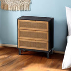 COZAYH Farmhouse 3-Drawer Nightstand, Woven Cane Front Accent Dresser with Brass Pull, Fully-Assembled, Black
