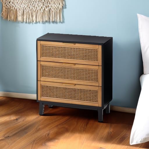 COZAYH Farmhouse 3-Drawer Nightstand, Woven Cane Front Accent Dresser with Brass Pull, Fully-Assembled, Black