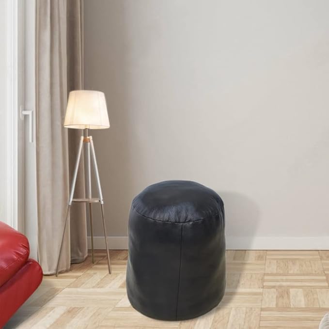 Round Shaped Goat Leather Handmade Eco-Friendly Black Pouf - 16"x16"x16", Plain Solid, Recycled Foam With Fibre Fill Stuffed, Leather Seating PF12