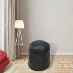 Round Shaped Goat Leather Handmade Eco-Friendly Black Pouf - 16"x16"x16", Plain Solid, Recycled Foam With Fibre Fill Stuffed, Leather Seating PF12