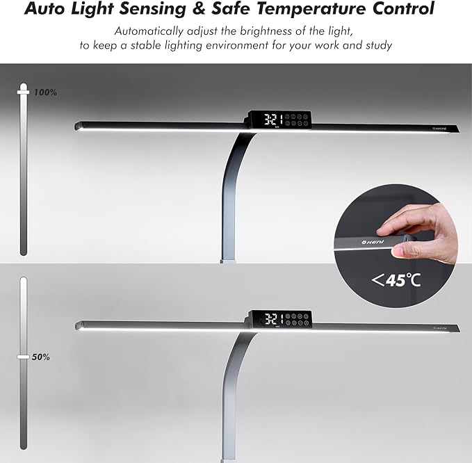 G Keni 3400 Lumen Architect Desk Lamp with Clock for Home Office, 31.5″W x 27″H, Ultra Bright Auto-Fill Brightness Desk Lamps with Timer, Gooseneck Touch LED Light for Work/Study/Read (Clamp)