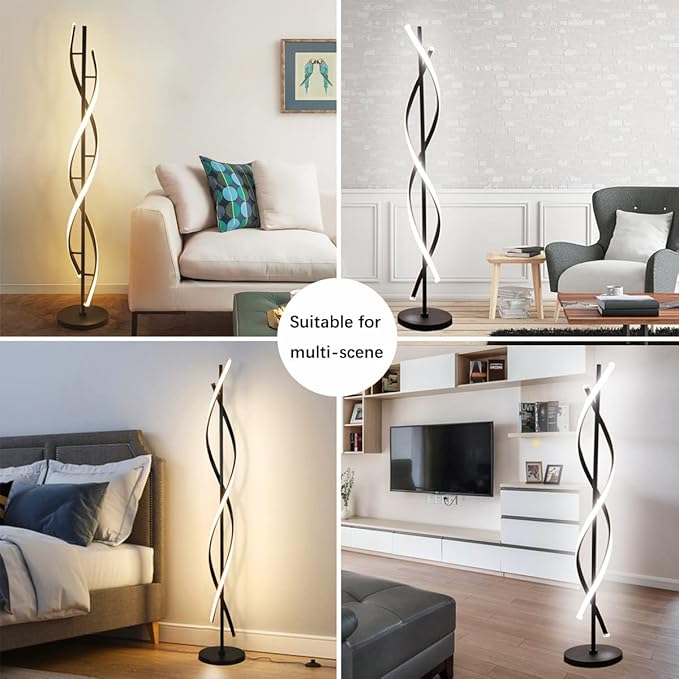 Modern Spiral Floor Lamps for Living Room, 40W LED Floor Lamp with Remote Control, 60 Inch 3 Color Temperatures & Dimmable Brightness Corner Standing Lamp Black Floor Lamp for Bedroom, Office