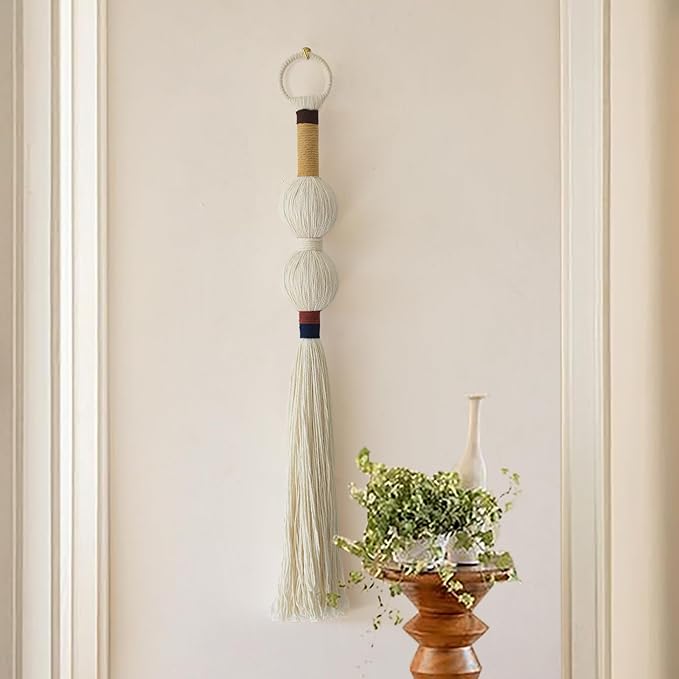 Macrame Wall Hanging Boho Decor Yarn Wall Art Small Sphericity Cotton Textile Tassel Hanging Fiber Art for Living Room Bedroom 27'' L x 2.3'' W