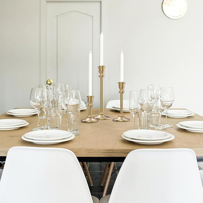 3-Piece Metal Candle Holders Set - Heavy Duty Alloy Taper Candlesticks for Table Centerpiece, Christmas, Dinner Party, Vintage Home Decor - 5-7.5 -10.3Inch Tall, Antique Gold Finish (Gold)