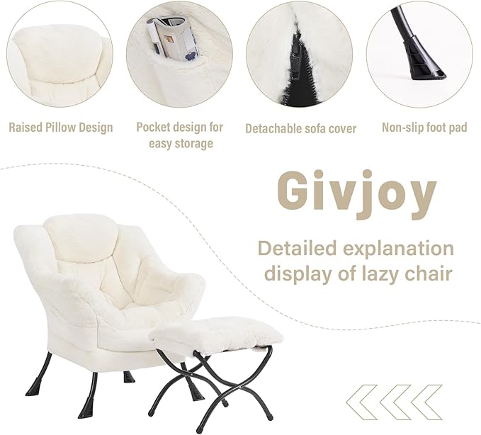 Plush Lazy Chair and Ottoman, Large Contemporary Accent Lounge Chair with Armrests and a Side Pocket, Modern Leisure Upholstered Sofa Reading Armchair with Footrest for Bedroom, Living Room