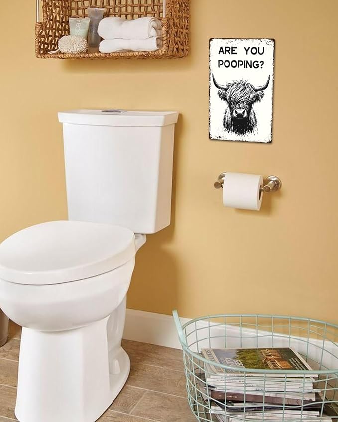 ALKB Funny Highland Cow Are You Pooping Metal Signs Vintage Farmhouse Bathroom Wall Decor Highland Cow Lovers Gift 8 x 12 Inch
