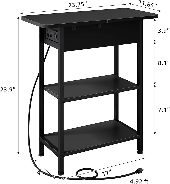 LIDYUK End Table with Charging Station, Flip Top Side Table with USB Ports and Outlets, Nightstand for Small Spaces, Bedside Tables with Storage Shelf for Living Room, Bedroom, Black