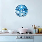 XFM Blue Wall Clock Battery Operated 14 Inch Silent Non-Ticking Glass Clocks Moon Ocean Wave Round Clocks for Kitchen Bedroom Bathroom Decor