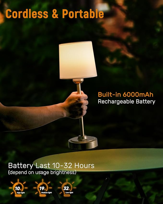 Gold LED Cordless Table Lamp Rechargeable-6000mAh Battery Operated Table Light,Wireless Lamps for Living Room Restaurant/Patio/Home/Dining/Dinner/Bedside/Nightstand/Desk lamp-Touch Control