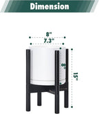 D'vine Dev Ceramic Planter with Ebony Stand - 8 Inch Modern Round Flower Pot with Wood Planter Holder, White, 55-B-M-1
