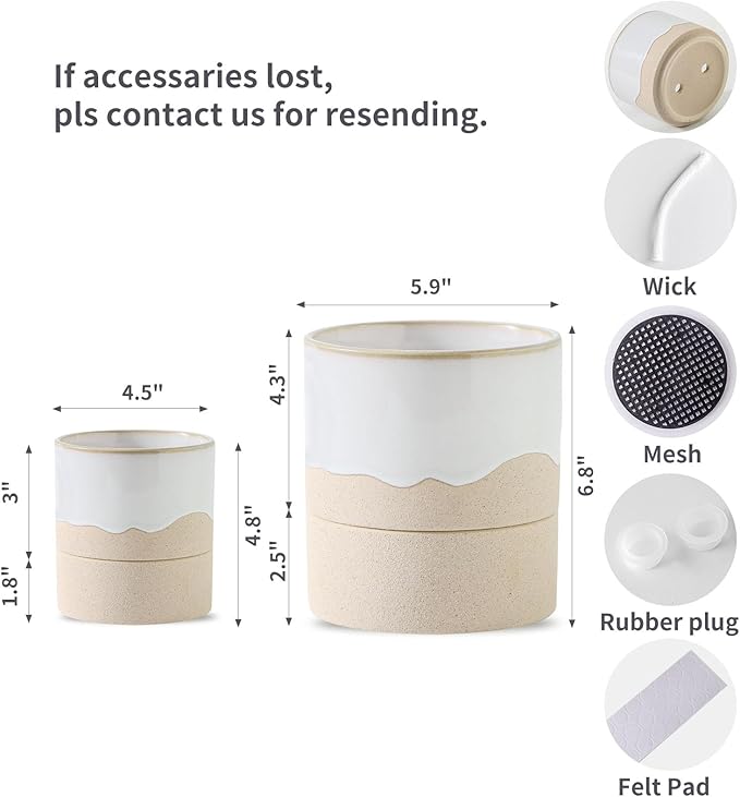 Nihow Self Watering Plant Pot for Indoor Plants: 4.5+6 Inch Ceramic Planter with Drainage Hole & Water Storage Plus - Cylinder Flower Pot with Wick for Herbs -White & Nature