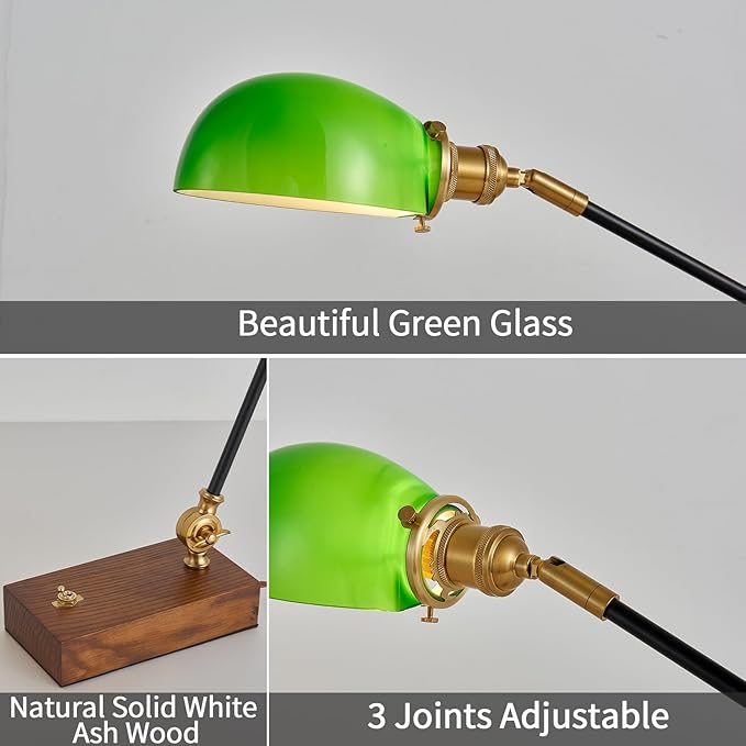 Bankers Lamp, Traditional Green Desk Lamp with Solid Ash Wood Base, Green Glass Antique Library Lamp with Power Cord Switch, Plug in Vintage Bankers Desk Lamp for Office, Study Room 【E26 Socket】