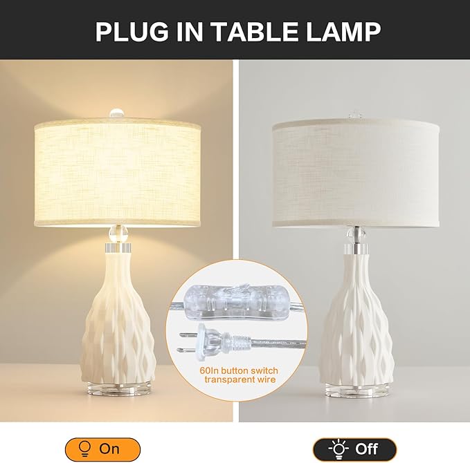 Modern White Textured Ceramic Table Lamps 22.5In, Plug in Table Lamp Decor for Office Living Room Bedroom Bedside Nightstand