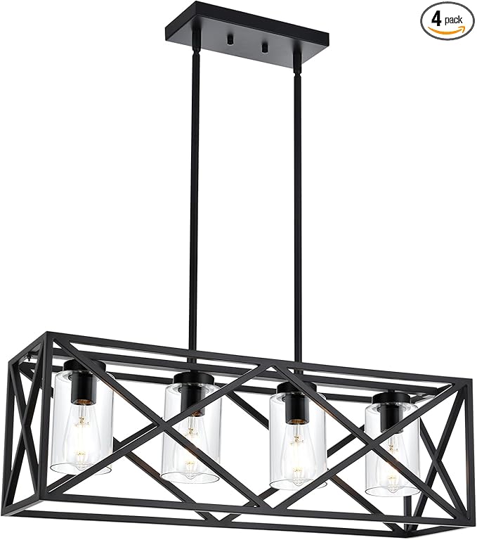 TODOLUZ 30.35” Dining Room Lighting Fixtures Hanging Black Finish 4-Lights Open Frame Farmhouse Chandelier Pendant Light for Kitchen Island Pool Table with Clear Glass