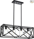 TODOLUZ 30.35” Dining Room Lighting Fixtures Hanging Black Finish 4-Lights Open Frame Farmhouse Chandelier Pendant Light for Kitchen Island Pool Table with Clear Glass