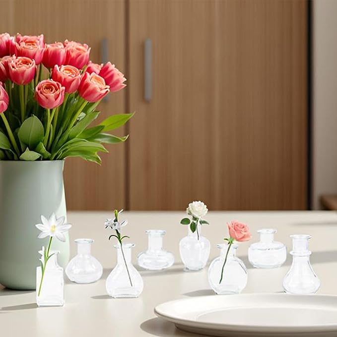 Bud Vases in Bulk Small Glass Clear Vase Set of 8 Different Shape Smooth Surface Vintage Mini Tiny Vases Modern Cute for Flowers Table Wedding Decor Centerpieces Home Party Dining Room