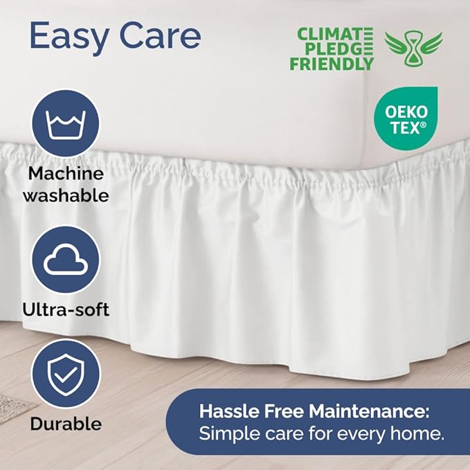 Wrap Around Dust Ruffle Bed Skirt - White - Twin/Twin XL Size Beds with 15 Inch Drop - Easy Fit Elastic Strap - Adjustable Pleated Bedskirt w/Brushed Fabric - Wrinkle Free - Women, Men, Kids & Teens