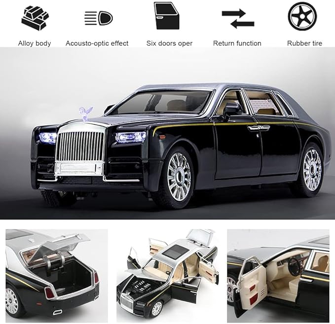 1/24 Diecast Car Model Rolls-Royce Phantom Toy Car, Alloy Collectible Phantom Replica Pull Back Model Car Vehicles with Sound and Light for Kids Boys Girls Birthday Gift