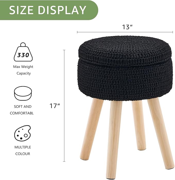 Wimarsbon Pouf Ottoman, 100% Cotton Knitted Boho Footstool, Round Footrest with Non-Skid Wood Legs, Home Décor Handmade Pouffe, Leisure Floor Step Stool for Living Room (High Storage Black)