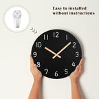 Plumeet 16'' Extra Large Wall Clock Frameless Wooden Clocks with Silent Quartz Movement - Modern Style Village Wall Clocks Decorative Home Kitchen - Battery Operated (Black)