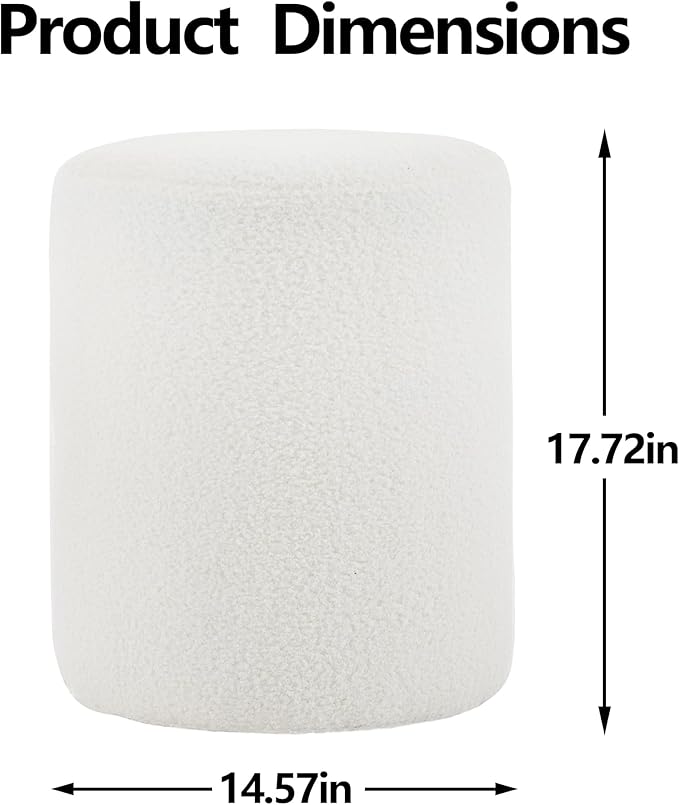 Modern Round Ottoman, Classic Foot Stool Ottoman, Teddy Fleece Upholstered Vanity Stool for Makeup, Bedroom, Living Room, White
