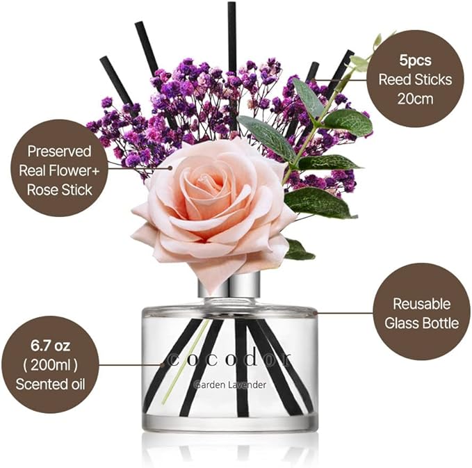 COCODOR Rose Flower Reed Diffuser/Dark Vanilla&Sandalwood/6.7oz/1Pack / Home Fragrance Scent Essential Oil Stick Diffuser for Bedroom Bathroom Home Décor