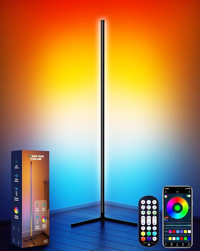 Smart RGB Corner Floor Lamp, APP & Voice Control, 16 Million Color Changing LED Light with Remote, Dimmable Ambient Lighting for Bedroom, Living Room, Game Room