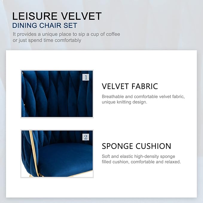 Nrizc Woven Dining Chairs Set of 6, Velvet Upholstered Dining Chairs with Gold Metal Legs, Modern Accent Chairs for Living Room, Dining Room, Kitchen (Blue)