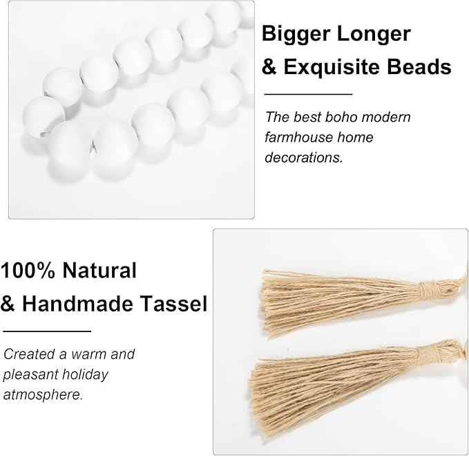 OMISHE Extra Large Wood Bead Garland White with 1.6" Diameter Wooden Beads and Tassels, 41" Long Rustic Farmhouse Country Decorative Beads for Home Tiered Tray Decor, White