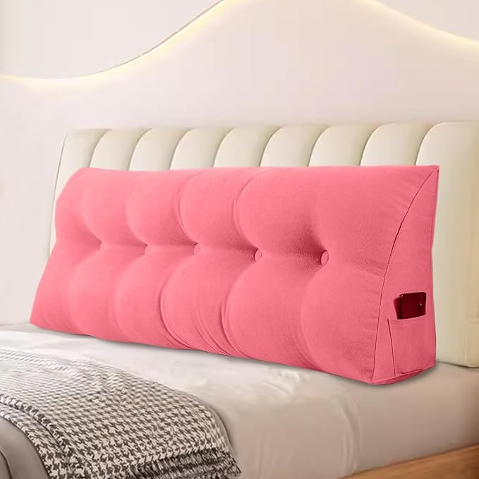 Large Triangular Headboard Pillows Long Backrest Positioning Support Bolster Cushion for Daybed Fluffy Quality Plush Body Wedge Pillow with Removable Cover(Pink -24x8x20in)