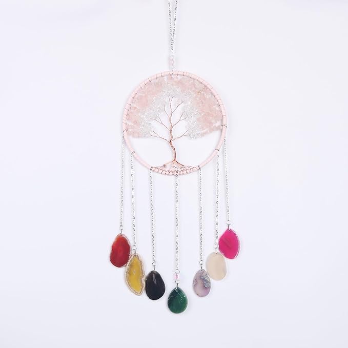 Pink 7 Agates Gemstone Dream Catcher 7 Chakras Tree of Life Dream Catcher with Healing Crystal Stones Handmade Dreamcatcher Wall Decor for Adults Boys Girls,Bedroom,Wedding,Garden,Bless Gift