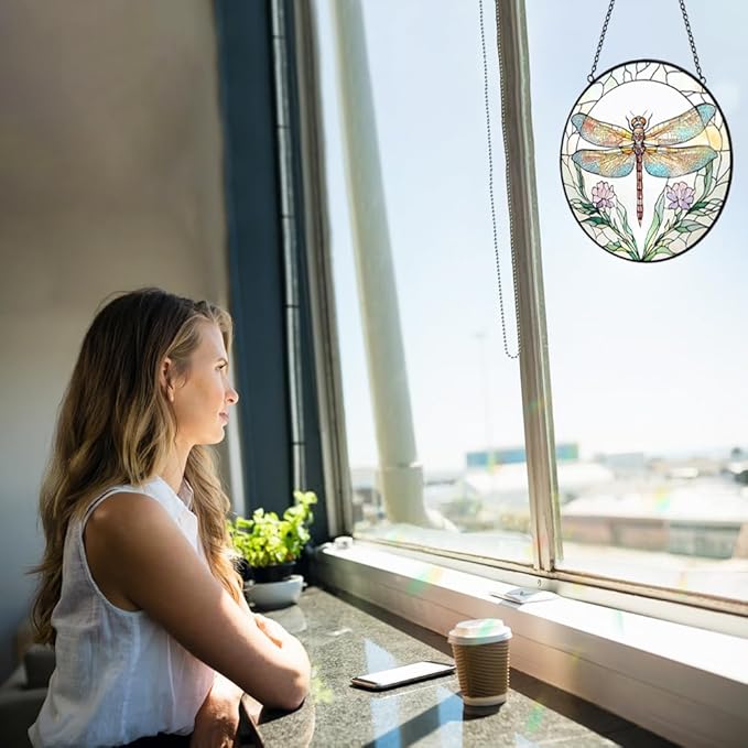 Dragonfly with Flower Suncatcher Stained Glass Window Hanging - 8” Stained Glass Suncatchers for Windows - Sun Catchers Indoor Window Catcher with Hooks and Chain - Birthday Gifts for Mom Grandma