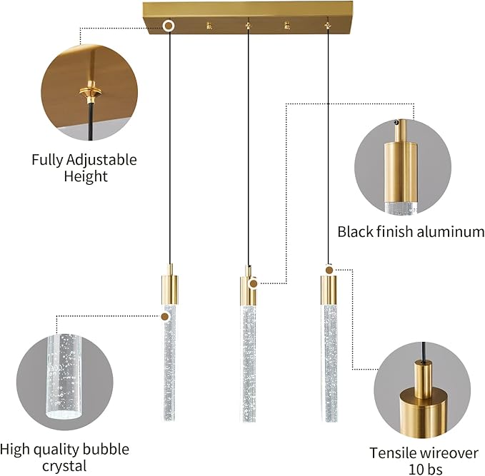Kitchen Island Lighting Modern Light Fixture Gold Pendant Light Dimmable LED Gold Brass Finish Mini Crystal Pendant Lights for Dining Room Living Room（3-Light）