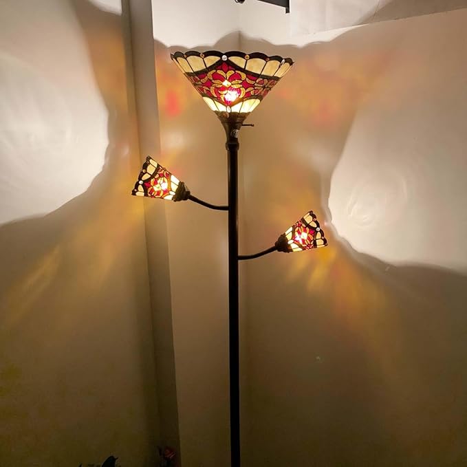 Bieye L10868 Tiffany Style Stained Glass 3-Light Torchiere Floor Lamp with Sidelights for Reading, 70-inches Tall (Baroque, Red)