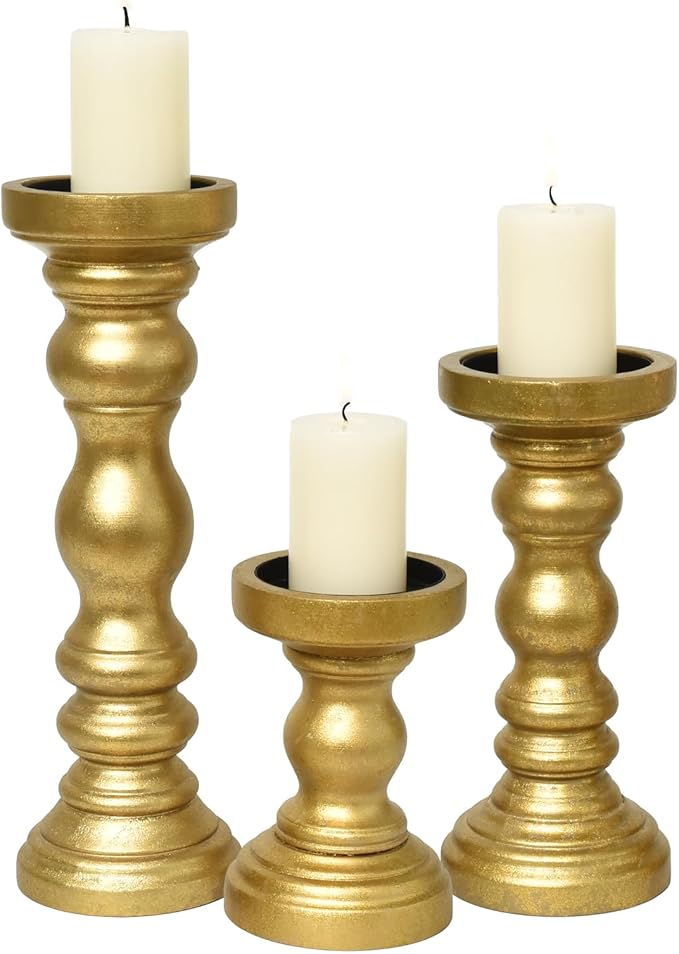 SWALLOWLIVING Rustic Farmhouse Wood Pillar Candle Holder Set of 3 for Candlestick, Gold