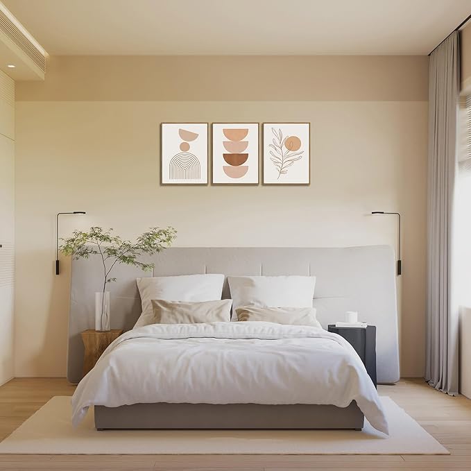 Bwodke Framed Boho Canvas Wall Art Mid Century Modern Prints Set of 3 Neutral Geometric Line Leaf Paintings Decor Minimalist Abstract Pictures Bedroom Living Room Bathroom