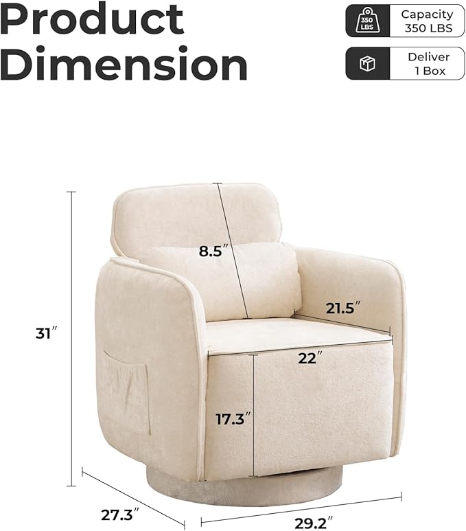 Modern 360° Swivel Accent Chair with Adjustable Headrest, Chenille Accent Chair for Living Room, Vanity Chair for Makeup，Swivel Barrel Chair with Lumbar Pillow, Comfy Barrel Armchair, Beige