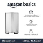 Amazon Basics Smudge Resistant Rectangular Trash Can With Soft-Close Foot Pedal, Brushed Stainless Steel, 50 Liter/13.2 Gallon, Satin Nickel Finish, 16.7"L x 14.7"W x 25.9"H