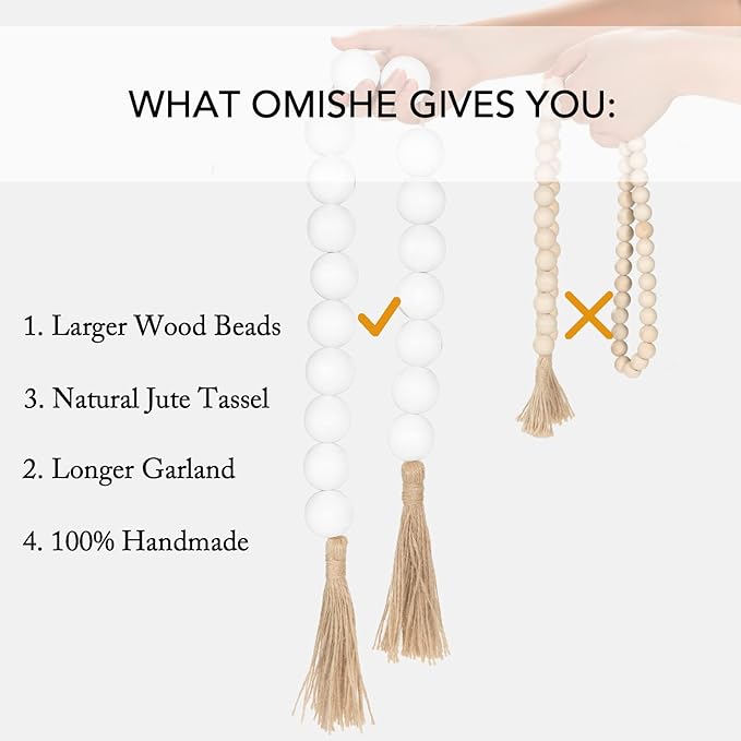 OMISHE Extra Large Wood Bead Garland White with 1.6" Diameter Wooden Beads and Tassels, 41" Long Rustic Farmhouse Country Decorative Beads for Home Tiered Tray Decor, White
