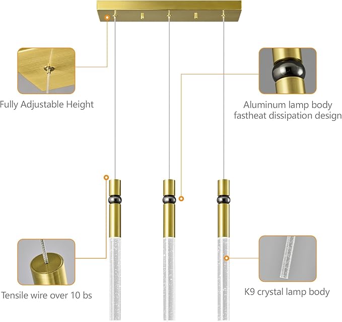 3 Light Pendant Lighting Dining Room Light Fixture Dimmable LED Modern Gold Pendant Light with Bubble Crystal Pendant Lights Kitchen Island