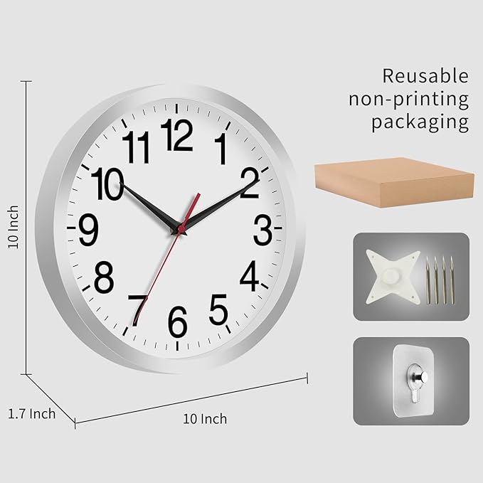 Wall Clock Modern 10 Inch Battery Operated Silent Non Ticking Analog Clock Decorative for Bedroom Kitchen Bathroom Office Home Living Room (Silver)