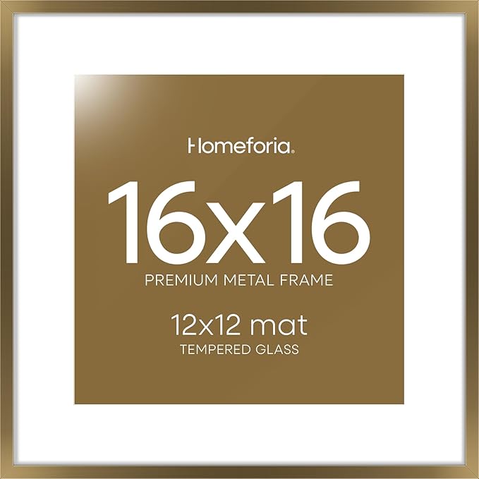 Homeforia 16x16 Picture Bronze Frame, High End Metal 16 x 16 Square Poster Frame with Mat 12 x 12 Photo, 16x16 Brass Frame Matted to 12x12 Print, 16by16 Thin Frames, Tempered Glass, Wall Kit, Set of 1