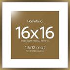 Homeforia 16x16 Picture Bronze Frame, High End Metal 16 x 16 Square Poster Frame with Mat 12 x 12 Photo, 16x16 Brass Frame Matted to 12x12 Print, 16by16 Thin Frames, Tempered Glass, Wall Kit, Set of 1