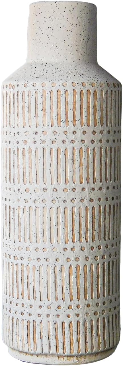 Rustic Ceramic Vase for Living Room Bedroom 11.02'' Antique White Flower Vase for Bouquet Fake Plant Home Decor Office Table Shelf Fireplace Centerpieces Retro Vintage Classic Modern